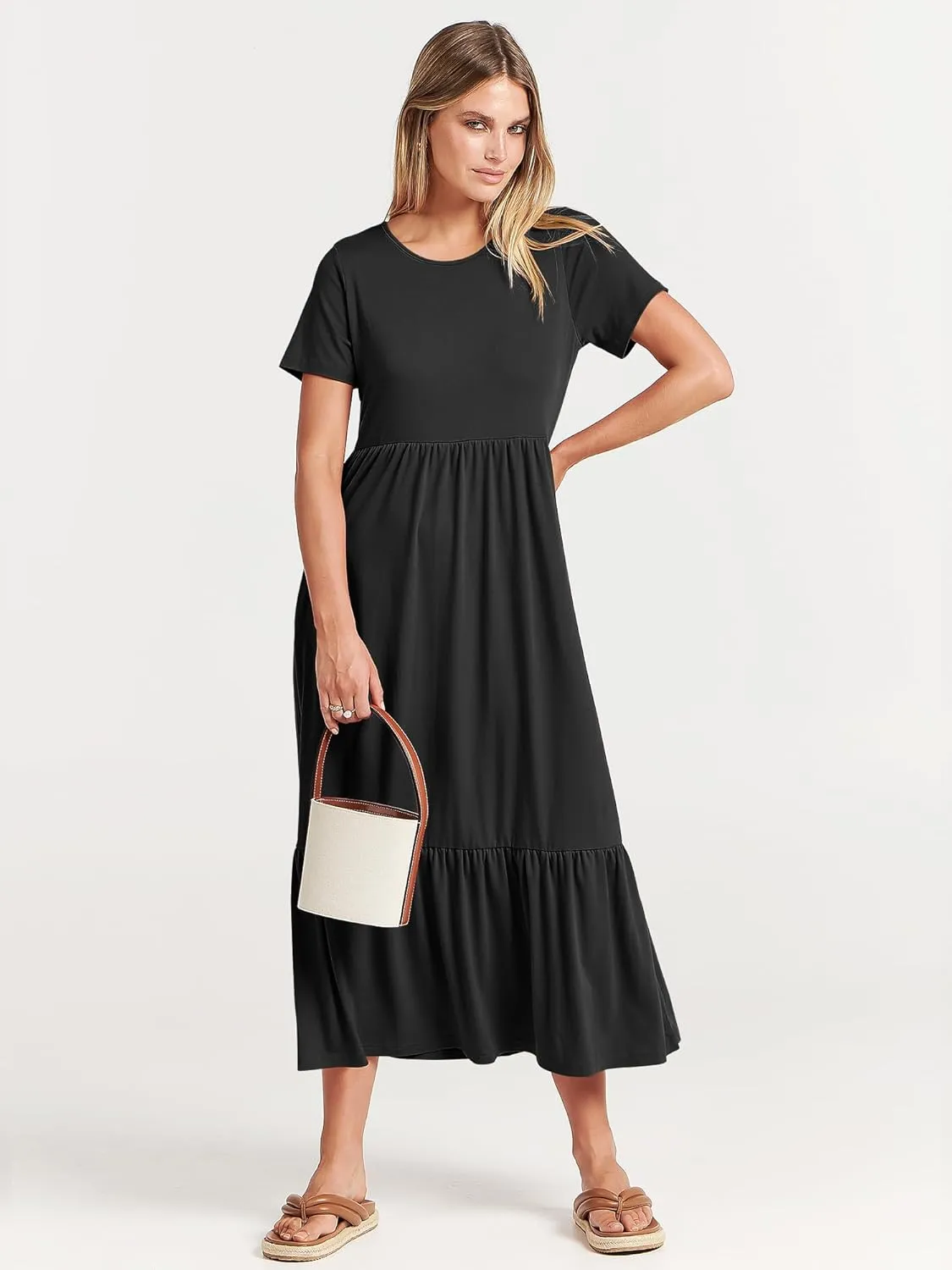 ANRABESS Women Summer Casual Short Sleeve Crewneck Aline Swing Flowy Tiered Shirt Maxi Beach Long Dress 2025 Trendy Outfits