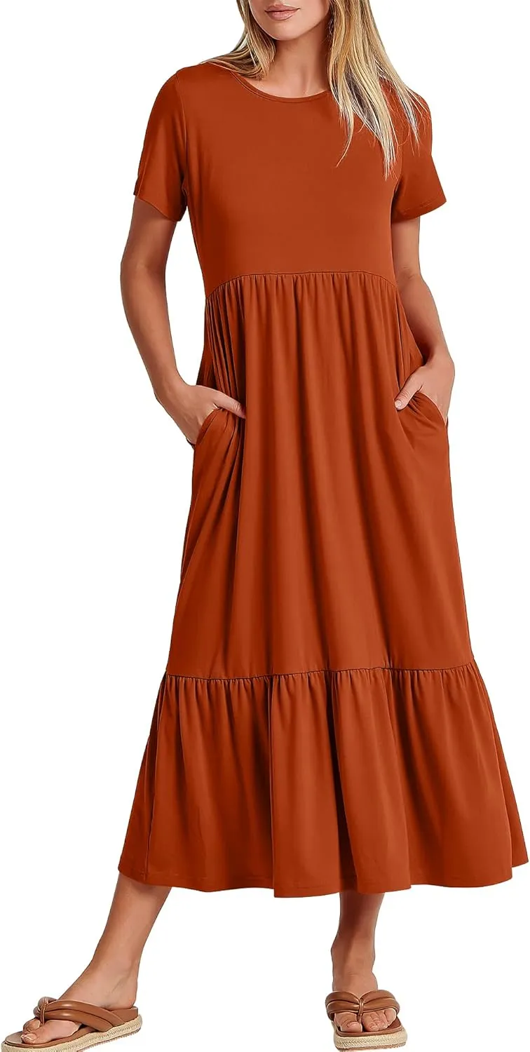 ANRABESS Women Summer Casual Short Sleeve Crewneck Aline Swing Flowy Tiered Shirt Maxi Beach Long Dress 2025 Trendy Outfits