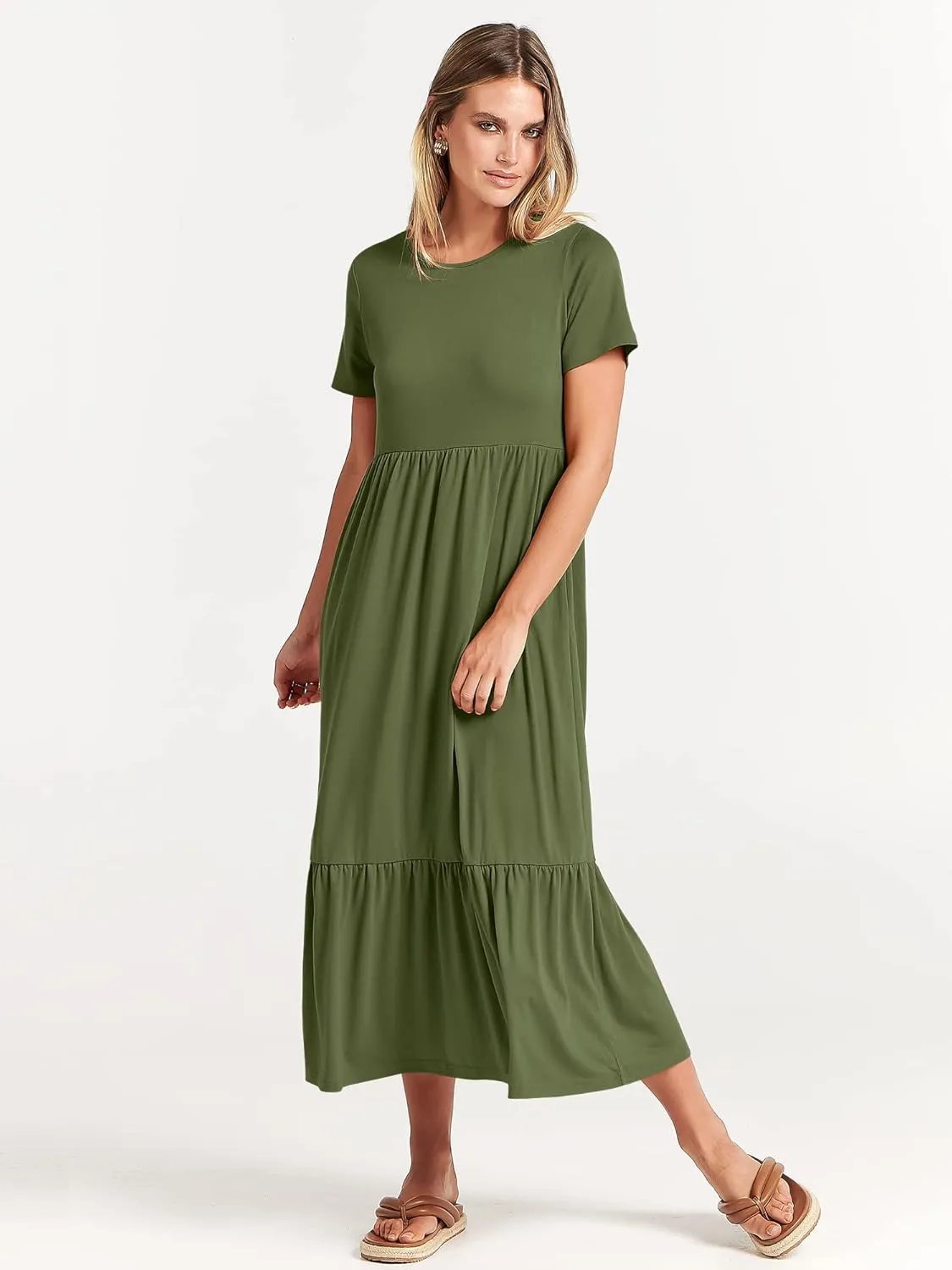 ANRABESS Women Summer Casual Short Sleeve Crewneck Aline Swing Flowy Tiered Shirt Maxi Beach Long Dress 2025 Trendy Outfits