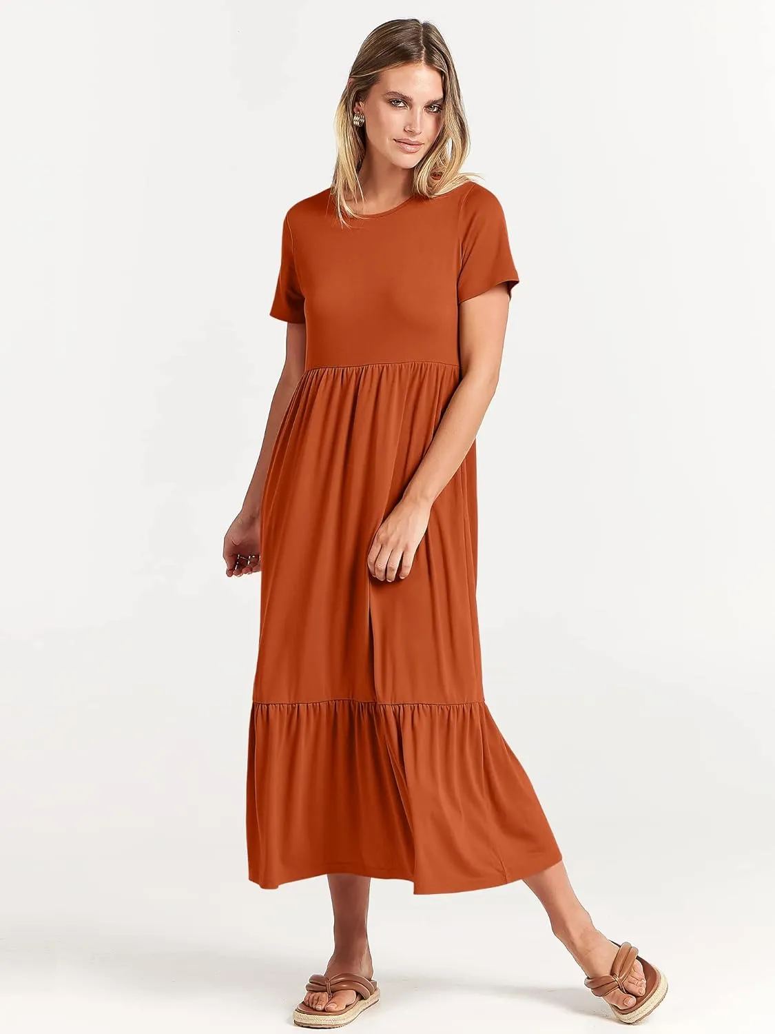 ANRABESS Women Summer Casual Short Sleeve Crewneck Aline Swing Flowy Tiered Shirt Maxi Beach Long Dress 2025 Trendy Outfits