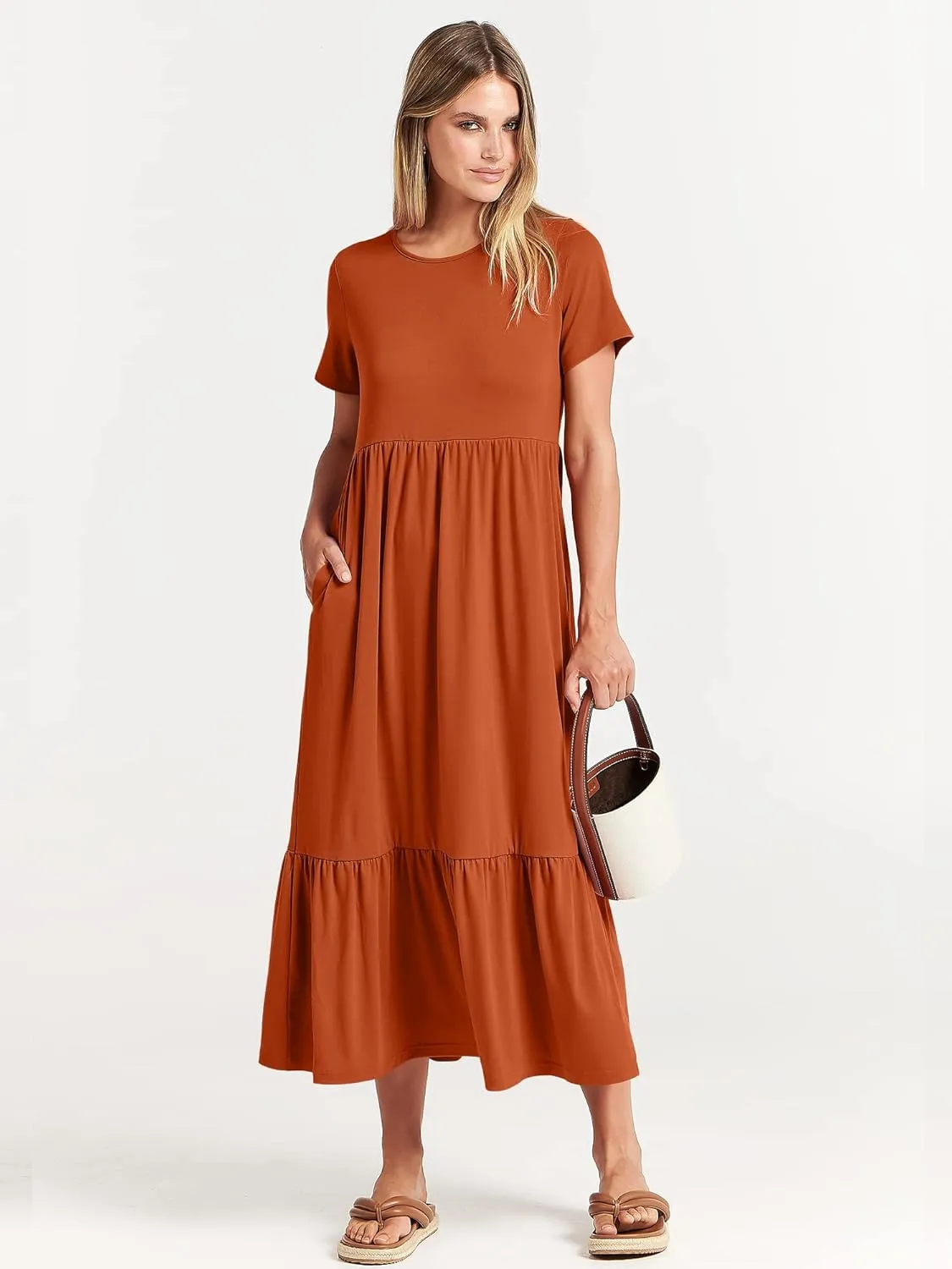 ANRABESS Women Summer Casual Short Sleeve Crewneck Aline Swing Flowy Tiered Shirt Maxi Beach Long Dress 2025 Trendy Outfits