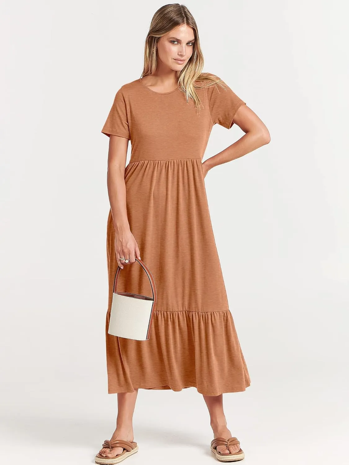 ANRABESS Women Summer Casual Short Sleeve Crewneck Aline Swing Flowy Tiered Shirt Maxi Beach Long Dress 2025 Trendy Outfits