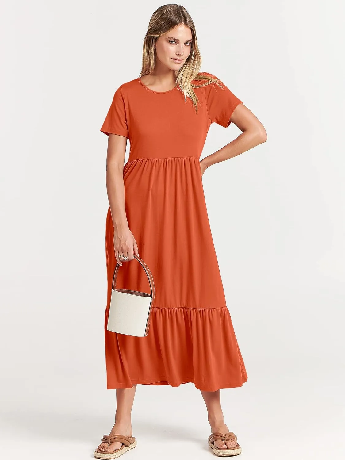 ANRABESS Women Summer Casual Short Sleeve Crewneck Aline Swing Flowy Tiered Shirt Maxi Beach Long Dress 2025 Trendy Outfits