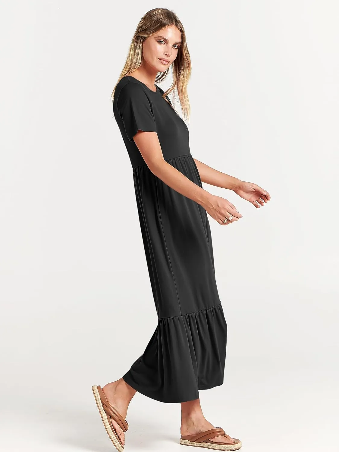 ANRABESS Women Summer Casual Short Sleeve Crewneck Aline Swing Flowy Tiered Shirt Maxi Beach Long Dress 2025 Trendy Outfits