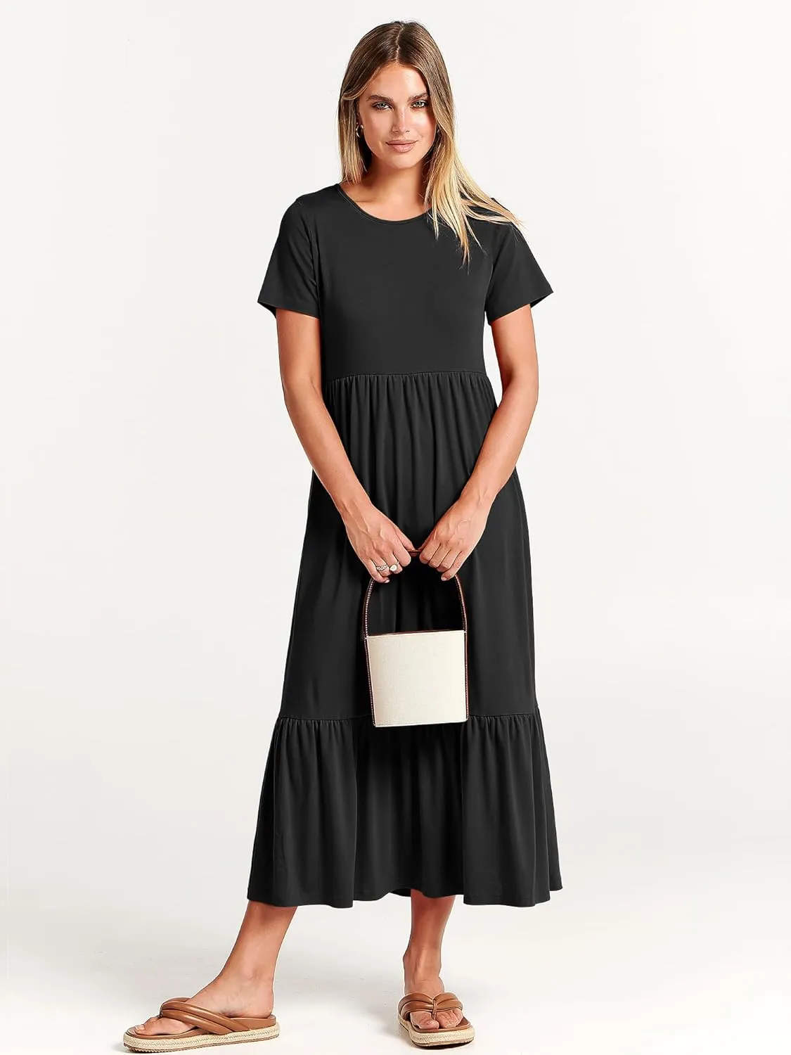 ANRABESS Women Summer Casual Short Sleeve Crewneck Aline Swing Flowy Tiered Shirt Maxi Beach Long Dress 2025 Trendy Outfits