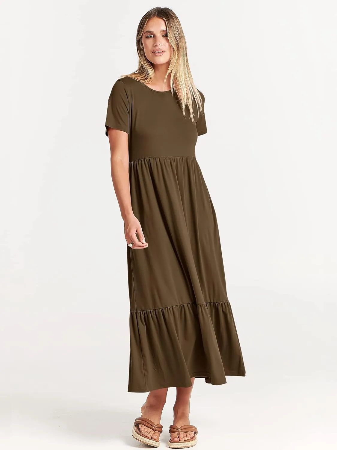 ANRABESS Women Summer Casual Short Sleeve Crewneck Aline Swing Flowy Tiered Shirt Maxi Beach Long Dress 2025 Trendy Outfits