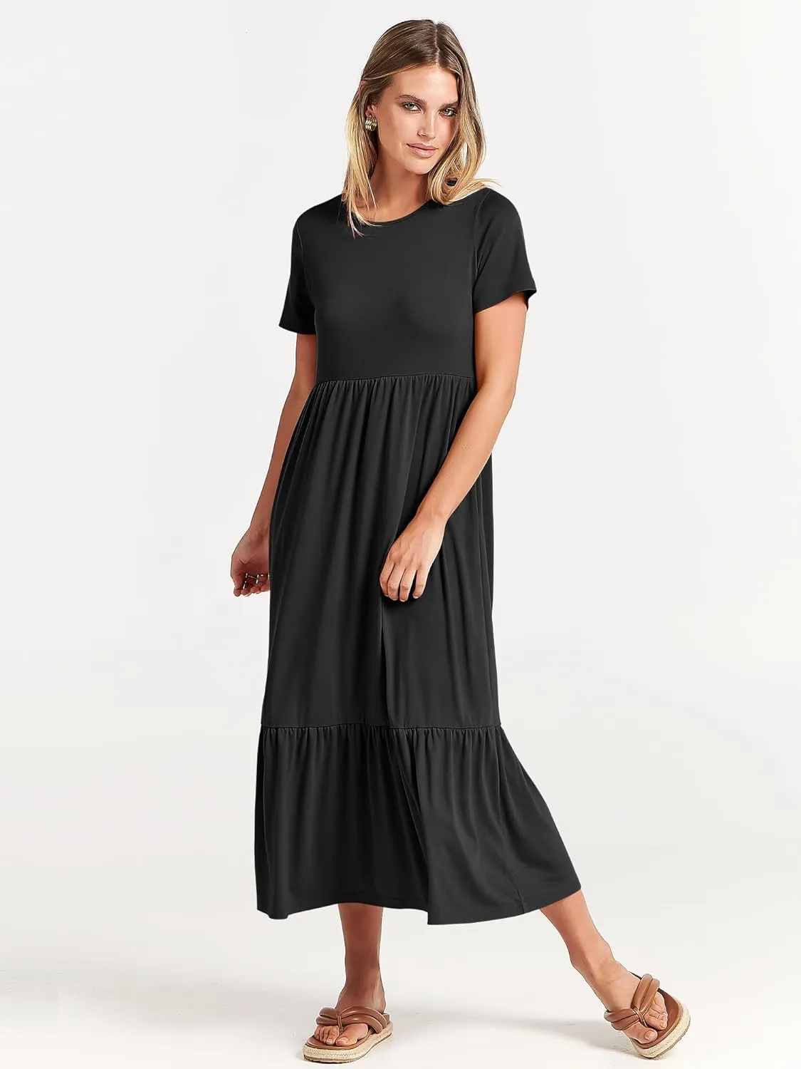 ANRABESS Women Summer Casual Short Sleeve Crewneck Aline Swing Flowy Tiered Shirt Maxi Beach Long Dress 2025 Trendy Outfits