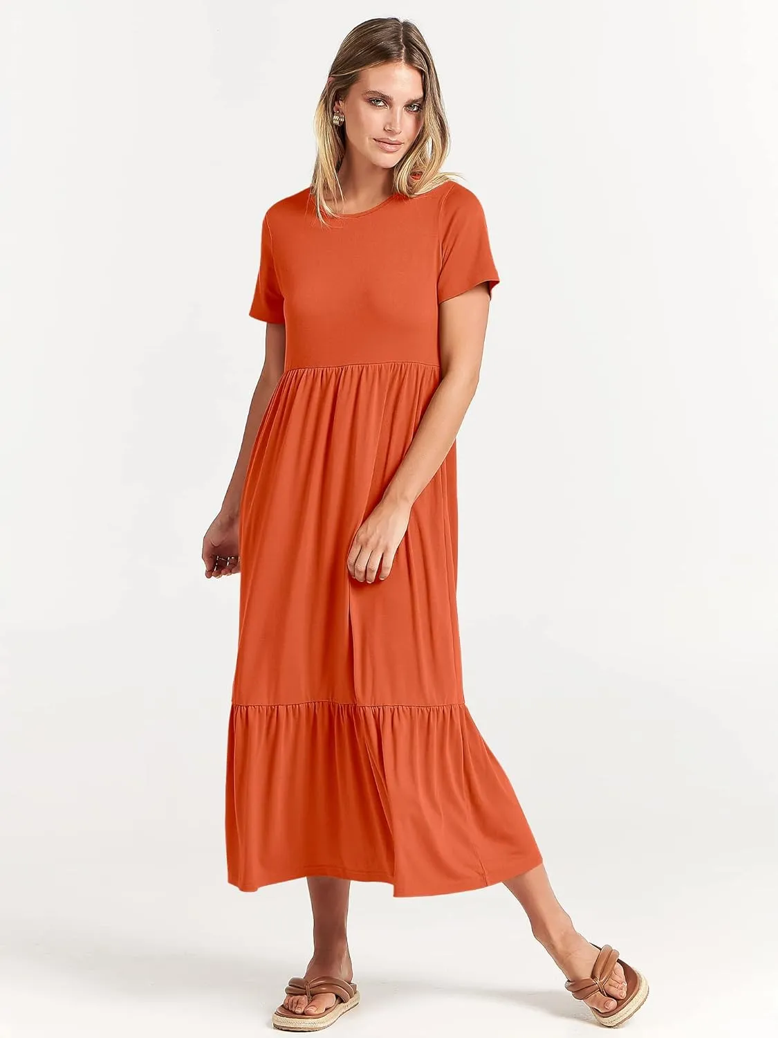 ANRABESS Women Summer Casual Short Sleeve Crewneck Aline Swing Flowy Tiered Shirt Maxi Beach Long Dress 2025 Trendy Outfits