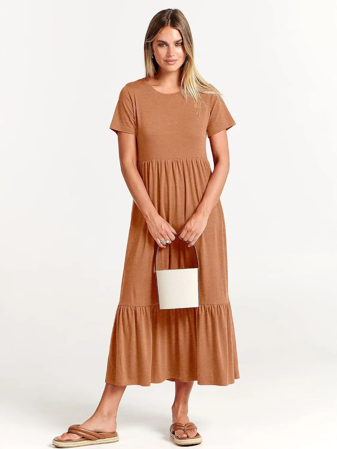 ANRABESS Women Summer Casual Short Sleeve Crewneck Aline Swing Flowy Tiered Shirt Maxi Beach Long Dress 2025 Trendy Outfits