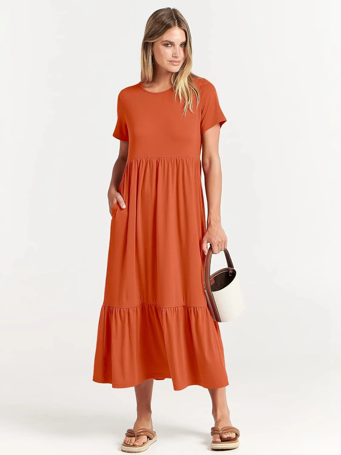 ANRABESS Women Summer Casual Short Sleeve Crewneck Aline Swing Flowy Tiered Shirt Maxi Beach Long Dress 2025 Trendy Outfits