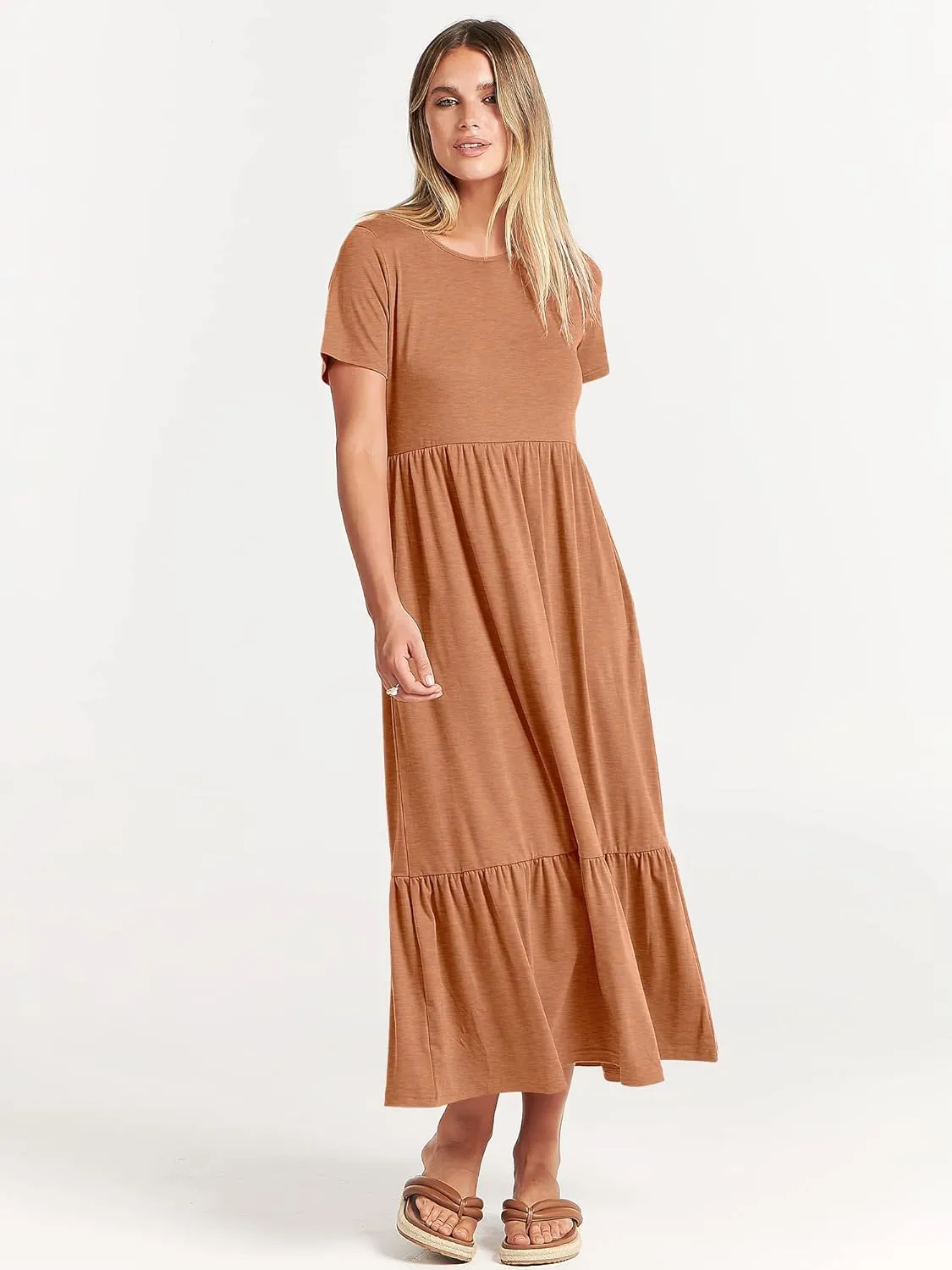 ANRABESS Women Summer Casual Short Sleeve Crewneck Aline Swing Flowy Tiered Shirt Maxi Beach Long Dress 2025 Trendy Outfits
