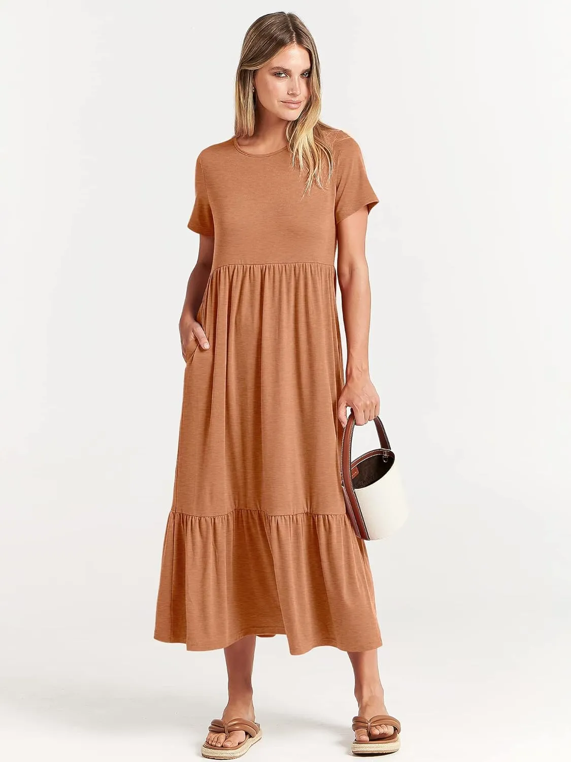 ANRABESS Women Summer Casual Short Sleeve Crewneck Aline Swing Flowy Tiered Shirt Maxi Beach Long Dress 2025 Trendy Outfits