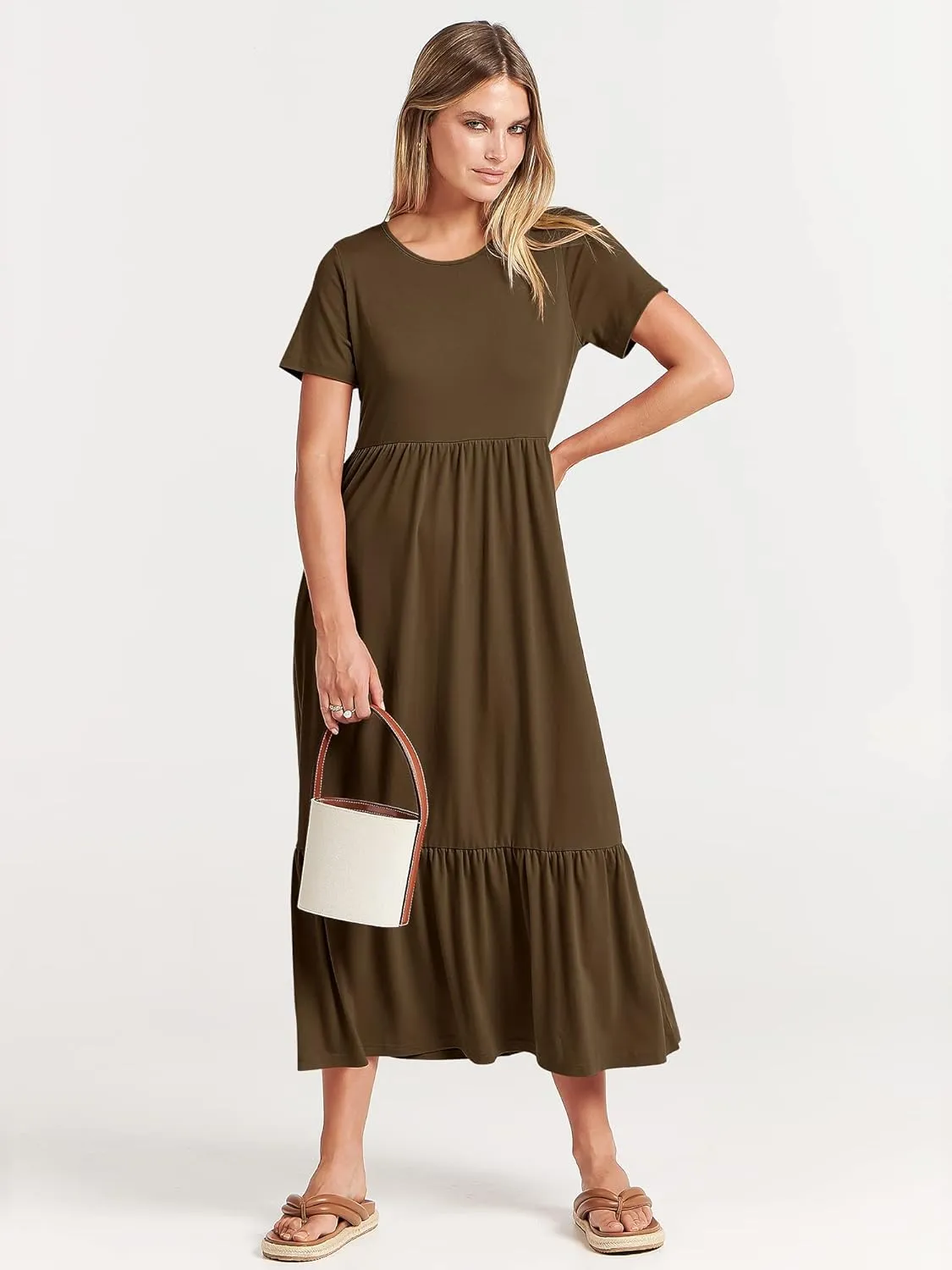 ANRABESS Women Summer Casual Short Sleeve Crewneck Aline Swing Flowy Tiered Shirt Maxi Beach Long Dress 2025 Trendy Outfits
