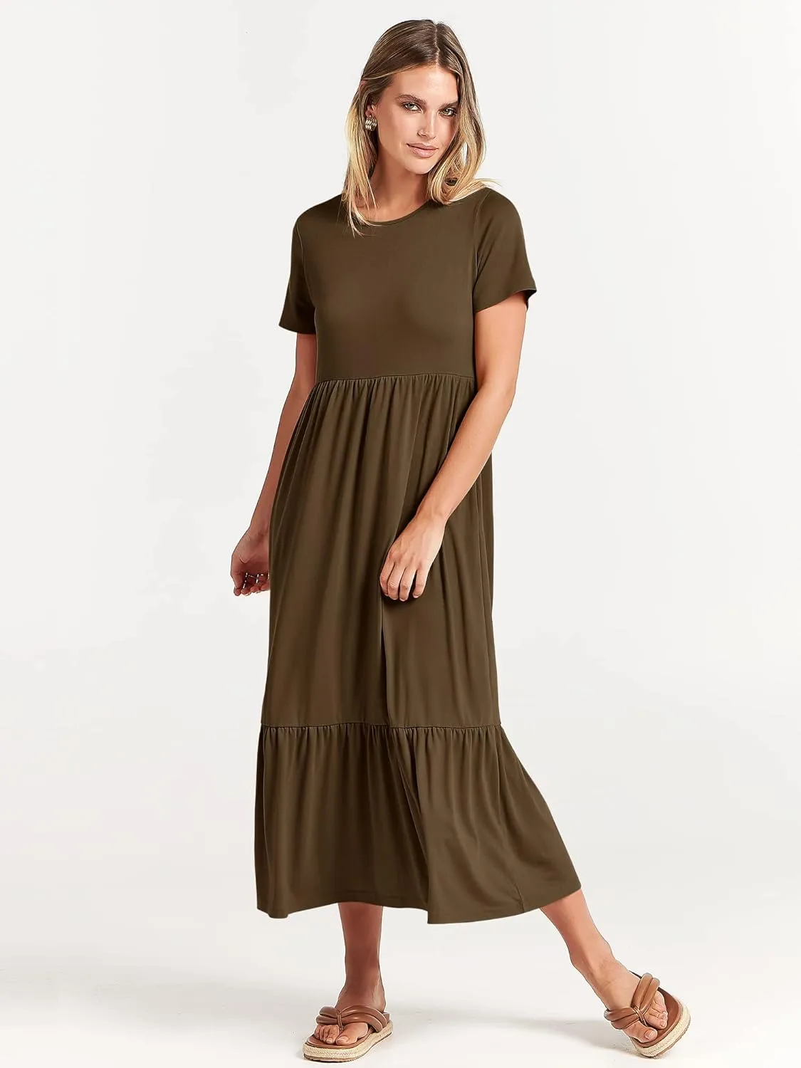 ANRABESS Women Summer Casual Short Sleeve Crewneck Aline Swing Flowy Tiered Shirt Maxi Beach Long Dress 2025 Trendy Outfits