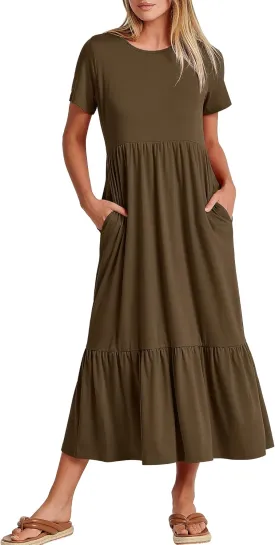 ANRABESS Women Summer Casual Short Sleeve Crewneck Aline Swing Flowy Tiered Shirt Maxi Beach Long Dress 2025 Trendy Outfits