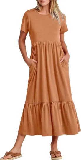 ANRABESS Women Summer Casual Short Sleeve Crewneck Aline Swing Flowy Tiered Shirt Maxi Beach Long Dress 2025 Trendy Outfits