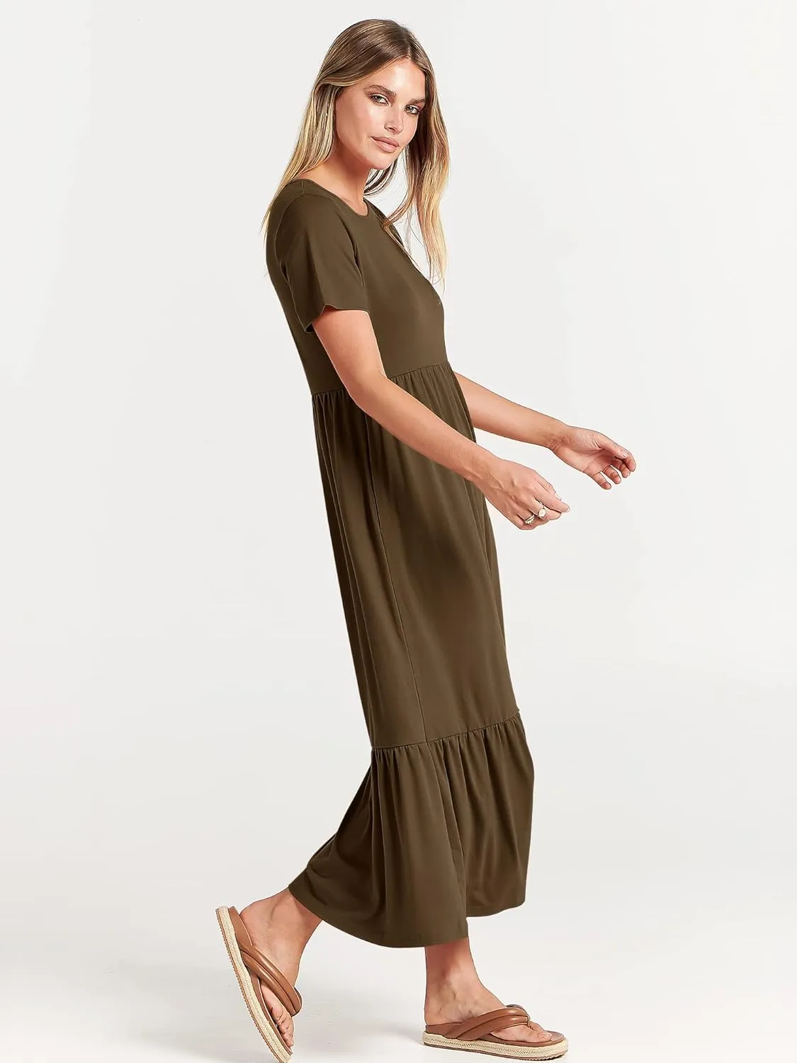 ANRABESS Women Summer Casual Short Sleeve Crewneck Aline Swing Flowy Tiered Shirt Maxi Beach Long Dress 2025 Trendy Outfits