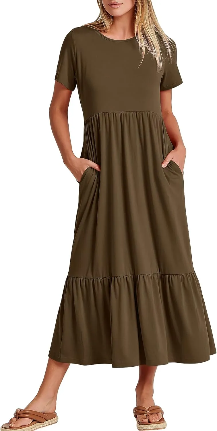 ANRABESS Women Summer Casual Short Sleeve Crewneck Aline Swing Flowy Tiered Shirt Maxi Beach Long Dress 2025 Trendy Outfits
