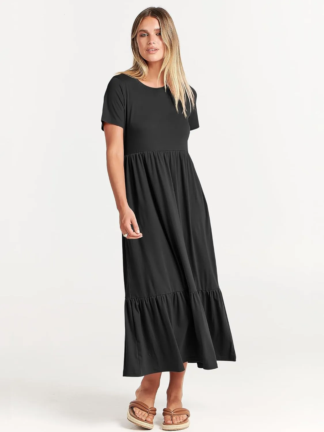 ANRABESS Women Summer Casual Short Sleeve Crewneck Aline Swing Flowy Tiered Shirt Maxi Beach Long Dress 2025 Trendy Outfits