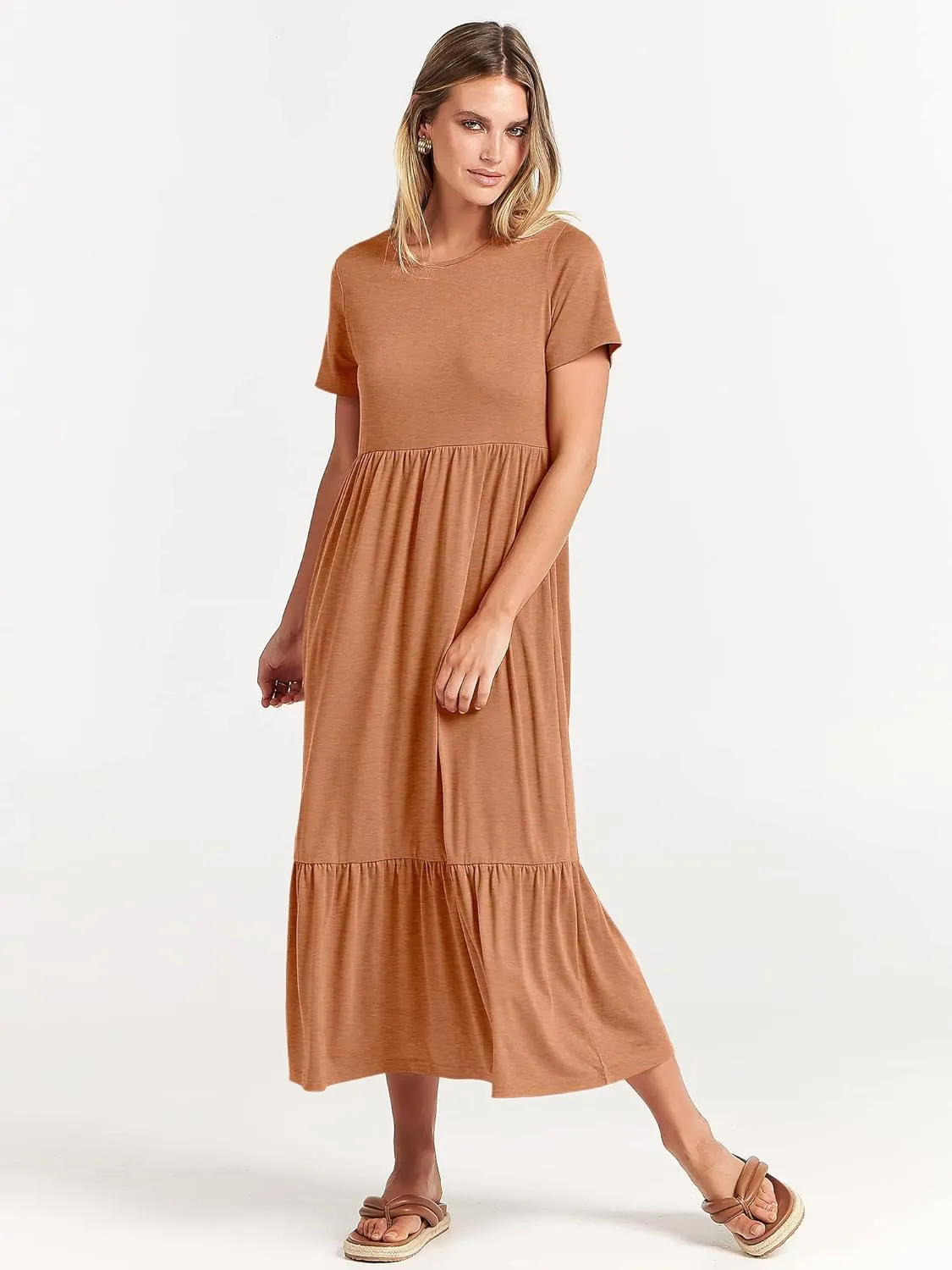 ANRABESS Women Summer Casual Short Sleeve Crewneck Aline Swing Flowy Tiered Shirt Maxi Beach Long Dress 2025 Trendy Outfits
