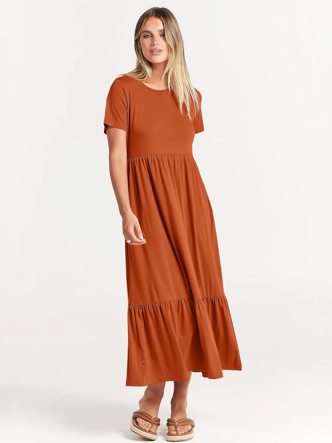 ANRABESS Women Summer Casual Short Sleeve Crewneck Aline Swing Flowy Tiered Shirt Maxi Beach Long Dress 2025 Trendy Outfits