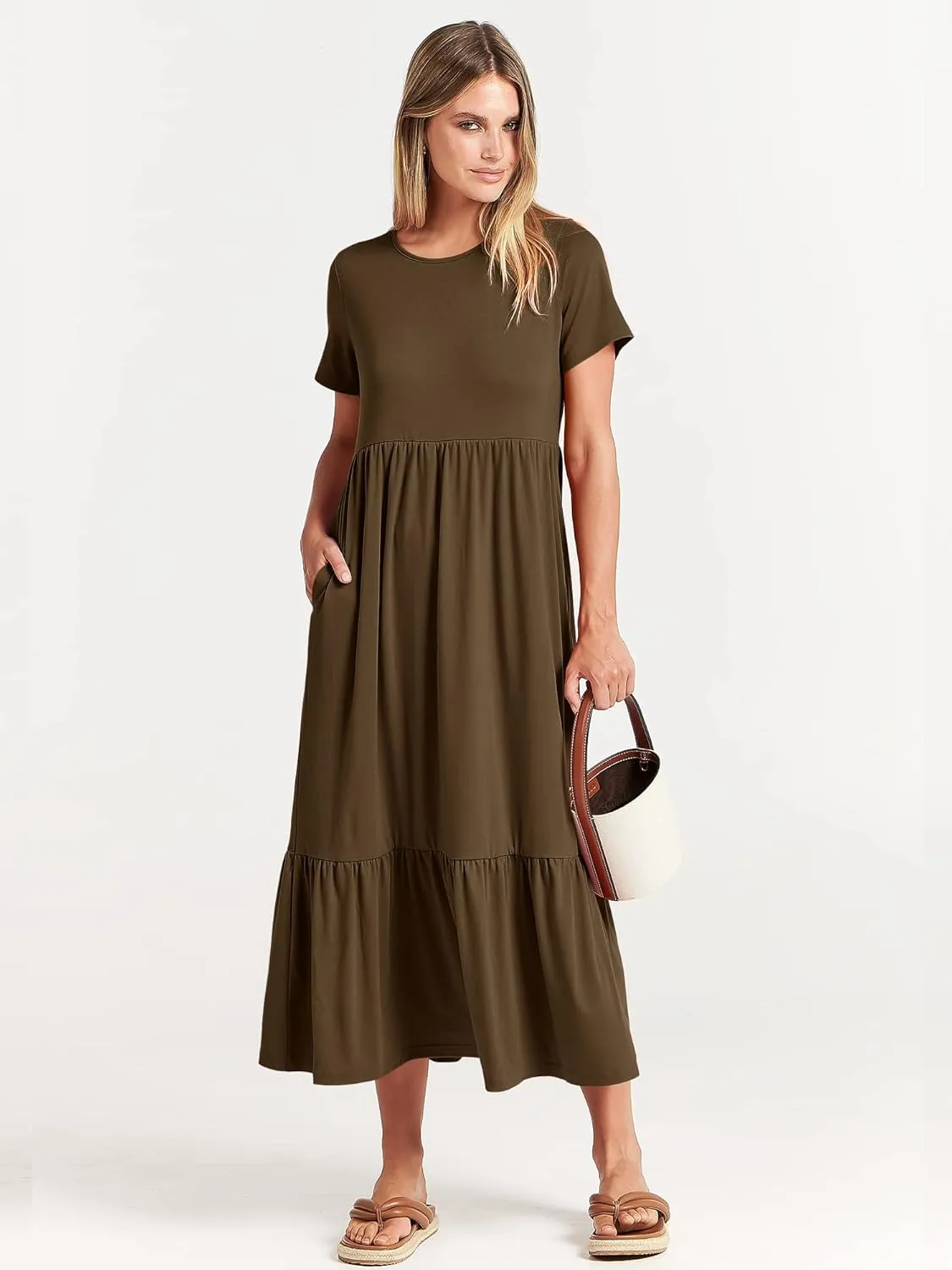 ANRABESS Women Summer Casual Short Sleeve Crewneck Aline Swing Flowy Tiered Shirt Maxi Beach Long Dress 2025 Trendy Outfits