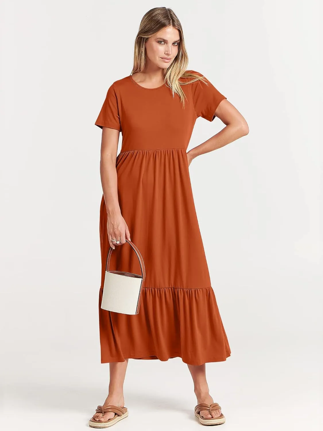 ANRABESS Women Summer Casual Short Sleeve Crewneck Aline Swing Flowy Tiered Shirt Maxi Beach Long Dress 2025 Trendy Outfits