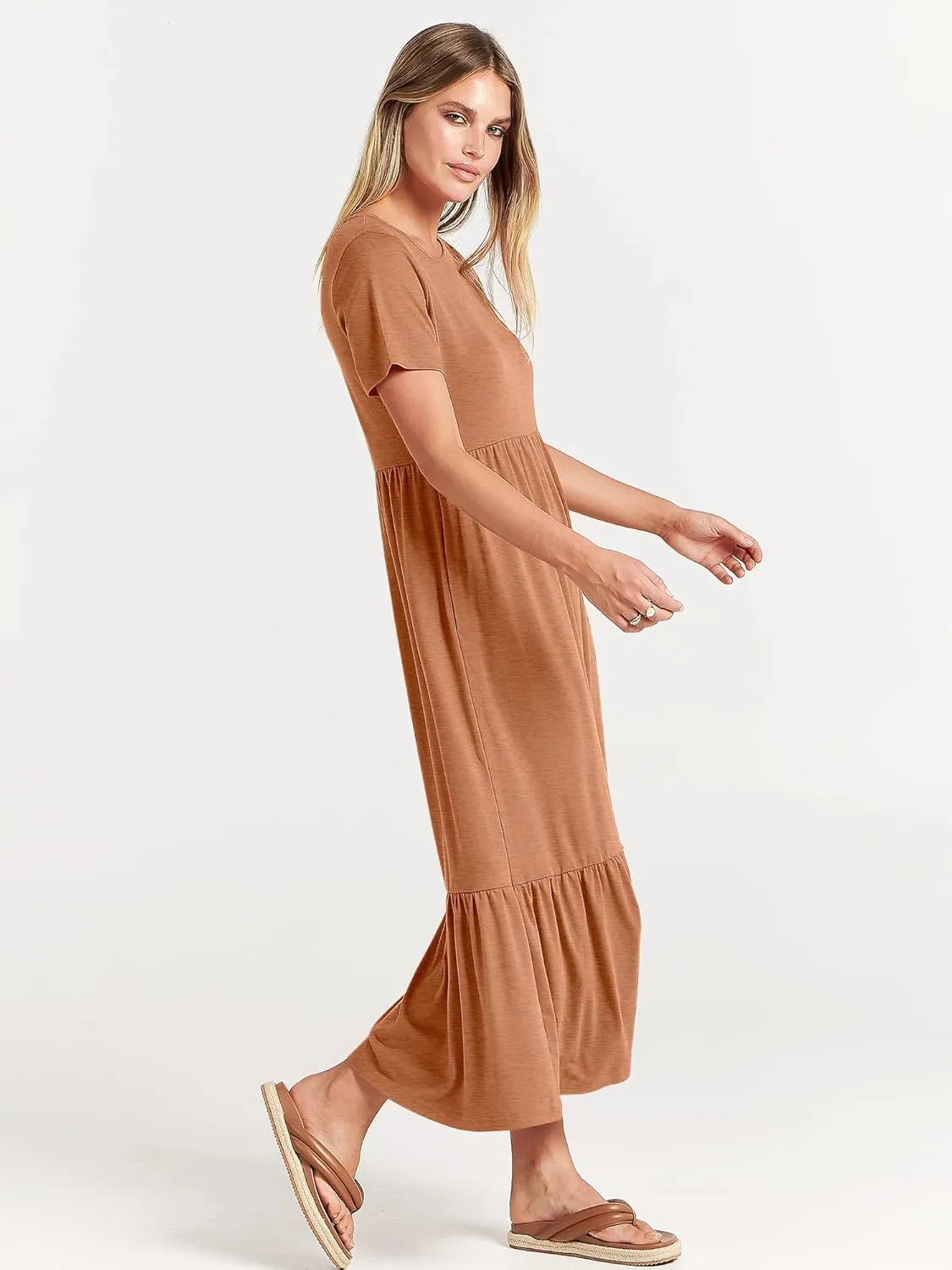 ANRABESS Women Summer Casual Short Sleeve Crewneck Aline Swing Flowy Tiered Shirt Maxi Beach Long Dress 2025 Trendy Outfits
