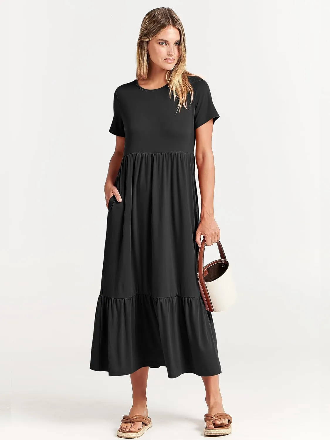ANRABESS Women Summer Casual Short Sleeve Crewneck Aline Swing Flowy Tiered Shirt Maxi Beach Long Dress 2025 Trendy Outfits