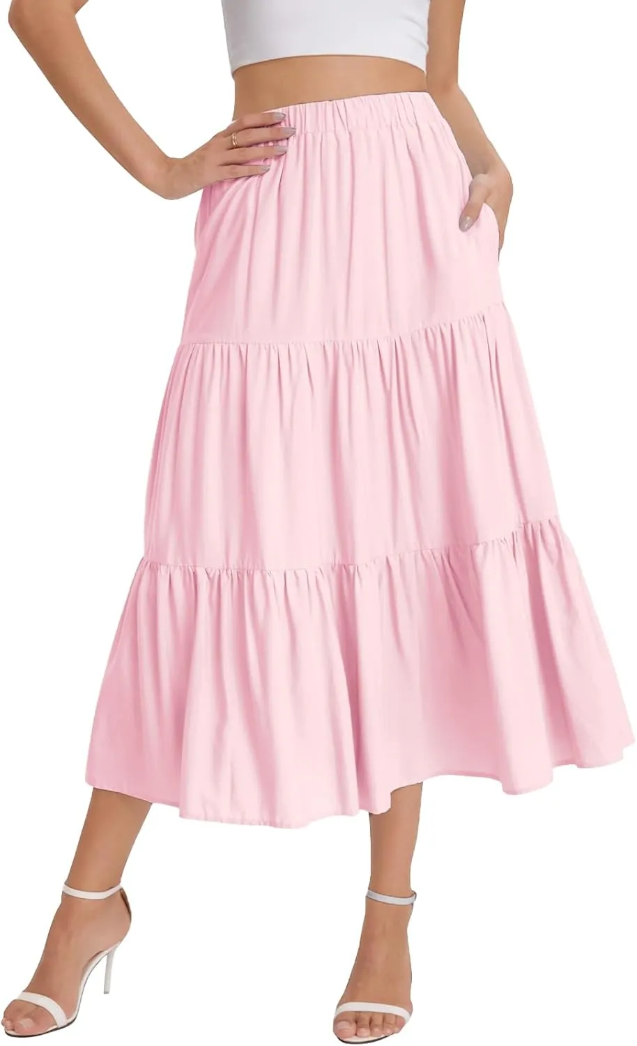 Bloggerlove Tiered Maxi Skirts for Women Trendy Summer Long Flowy Skirt Boho Beach Skirts with Pockets XS-XL