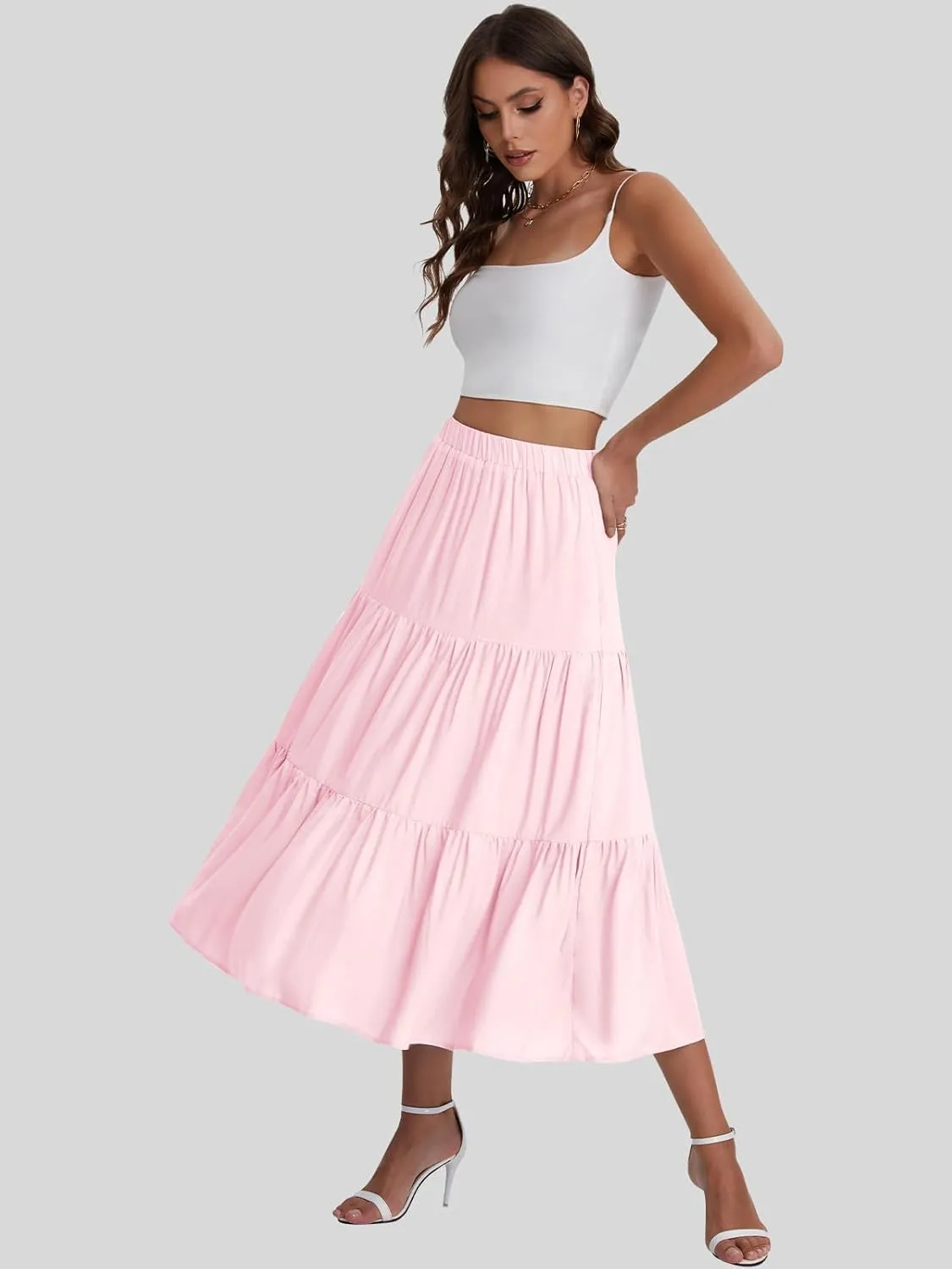 Bloggerlove Tiered Maxi Skirts for Women Trendy Summer Long Flowy Skirt Boho Beach Skirts with Pockets XS-XL