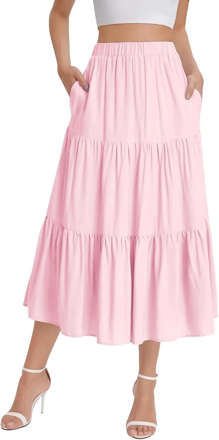 Bloggerlove Tiered Maxi Skirts for Women Trendy Summer Long Flowy Skirt Boho Beach Skirts with Pockets XS-XL