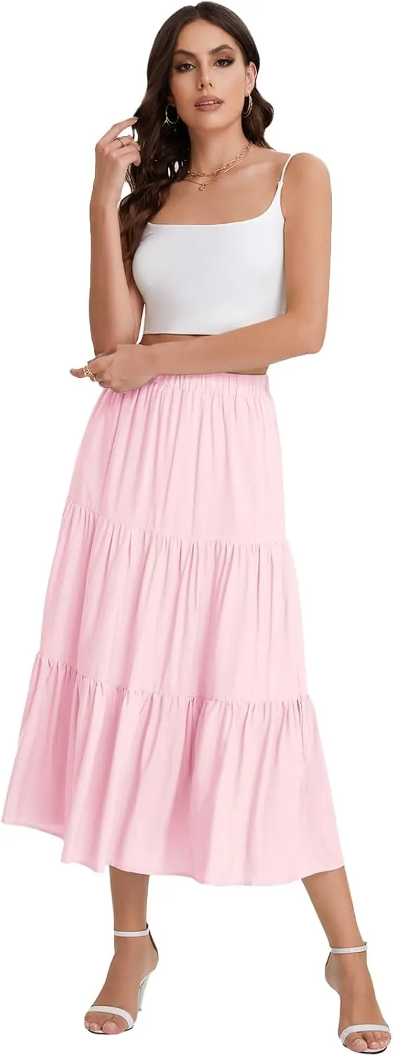 Bloggerlove Tiered Maxi Skirts for Women Trendy Summer Long Flowy Skirt Boho Beach Skirts with Pockets XS-XL