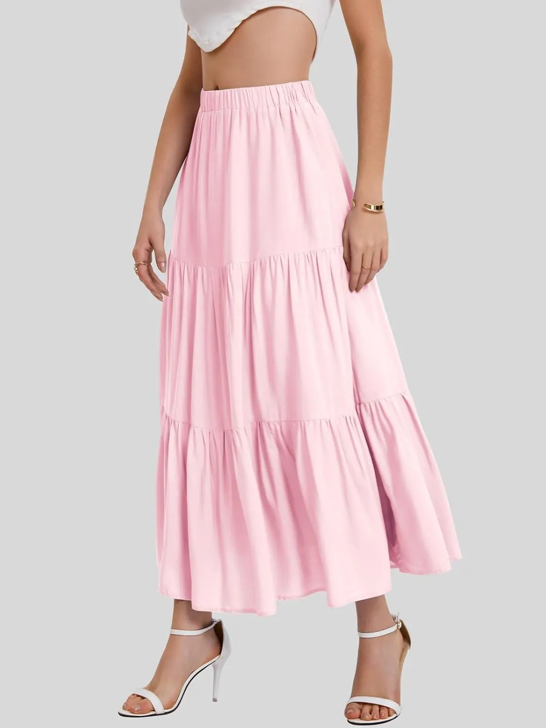 Bloggerlove Tiered Maxi Skirts for Women Trendy Summer Long Flowy Skirt Boho Beach Skirts with Pockets XS-XL