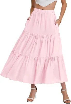 Bloggerlove Tiered Maxi Skirts for Women Trendy Summer Long Flowy Skirt Boho Beach Skirts with Pockets XS-XL