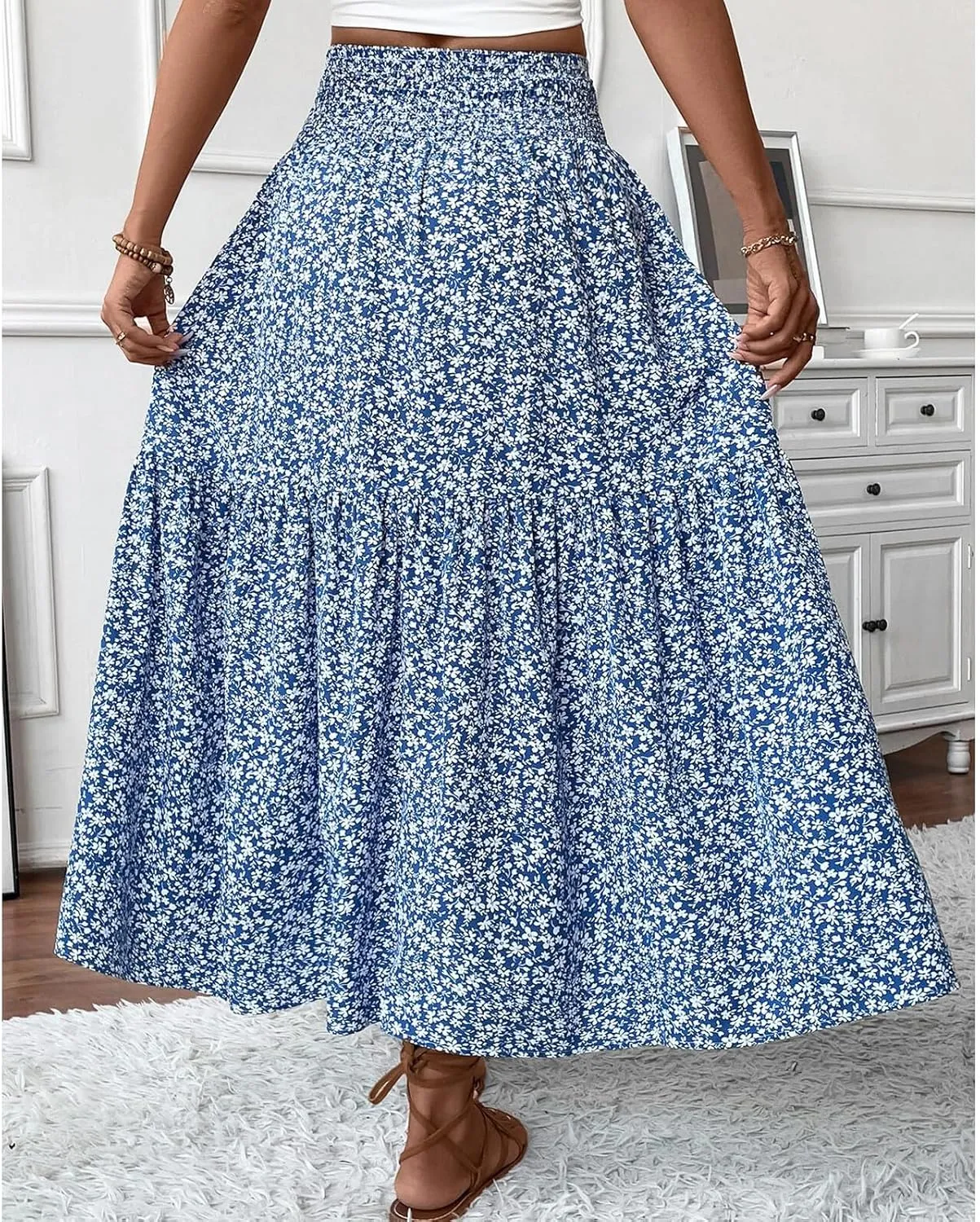 Blostirno Women's Floral Long Skirt Smocked Elastic High Waist Summer Boho Tiered Flowy Casual Maxi Skirts with Pockets