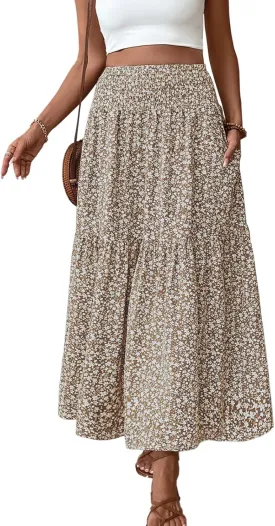 Blostirno Women's Floral Long Skirt Smocked Elastic High Waist Summer Boho Tiered Flowy Casual Maxi Skirts with Pockets