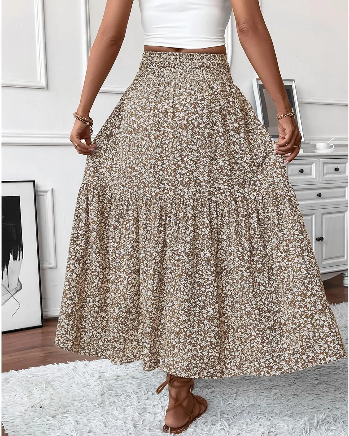 Blostirno Women's Floral Long Skirt Smocked Elastic High Waist Summer Boho Tiered Flowy Casual Maxi Skirts with Pockets