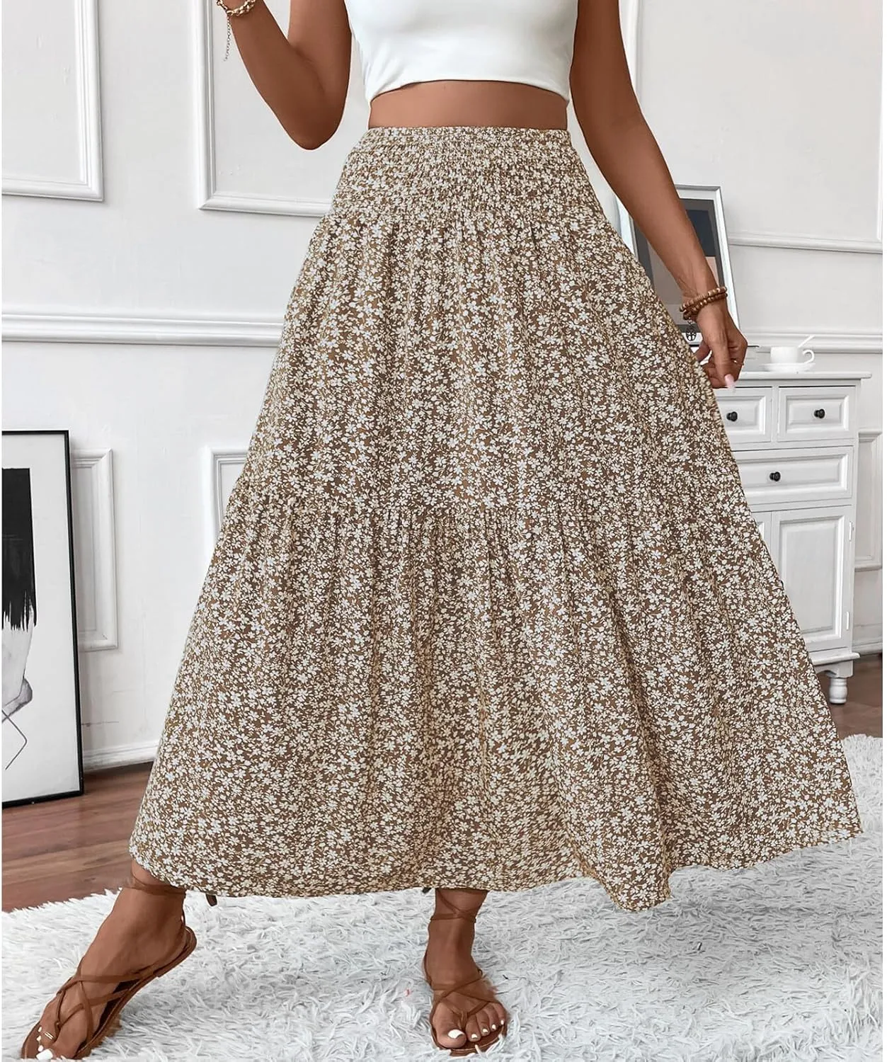 Blostirno Women's Floral Long Skirt Smocked Elastic High Waist Summer Boho Tiered Flowy Casual Maxi Skirts with Pockets