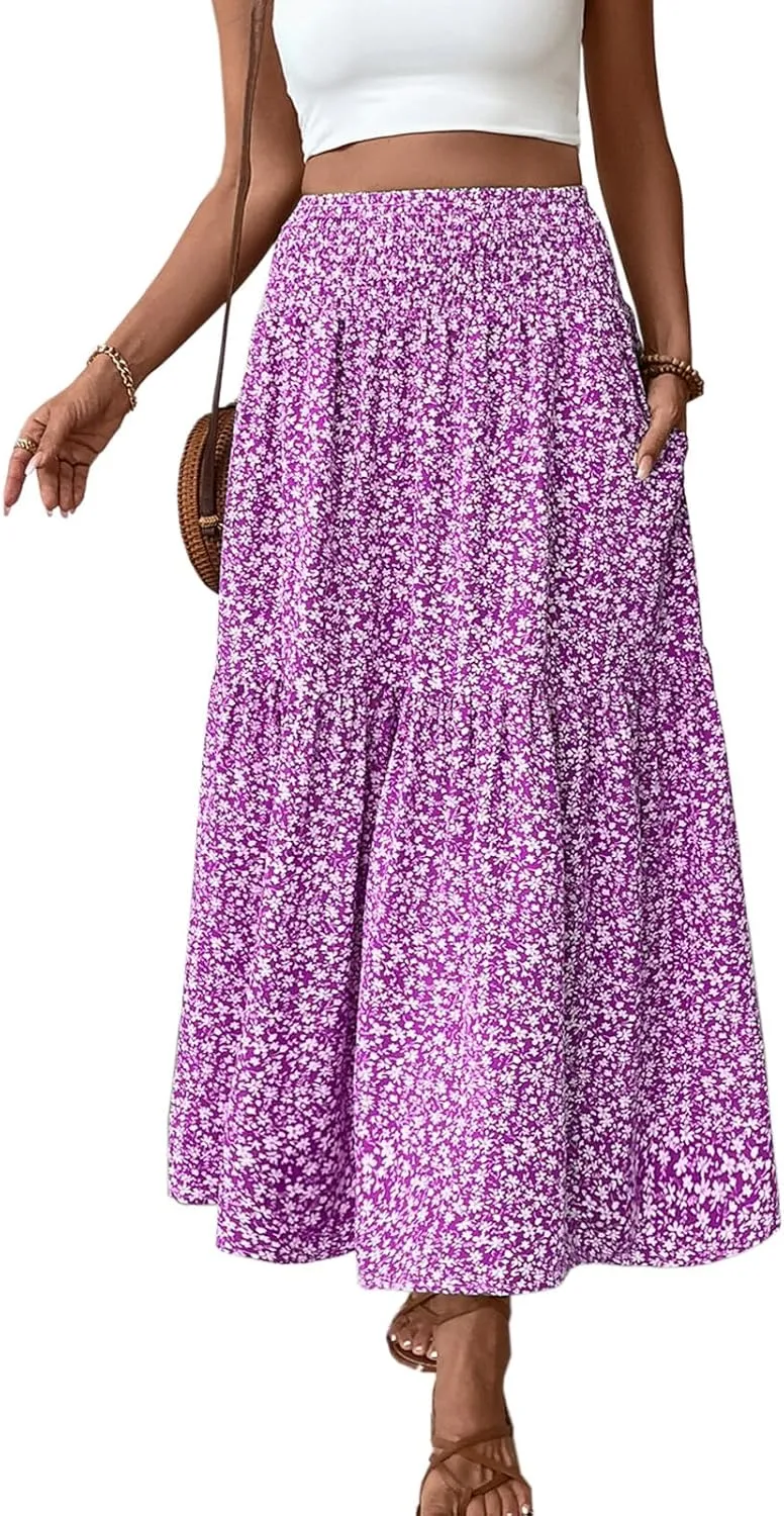 Blostirno Women's Floral Long Skirt Smocked Elastic High Waist Summer Boho Tiered Flowy Casual Maxi Skirts with Pockets