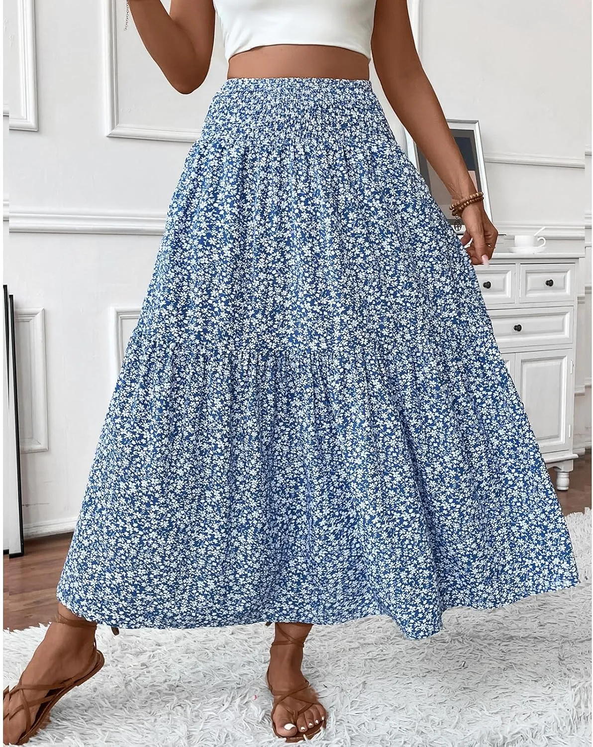 Blostirno Women's Floral Long Skirt Smocked Elastic High Waist Summer Boho Tiered Flowy Casual Maxi Skirts with Pockets