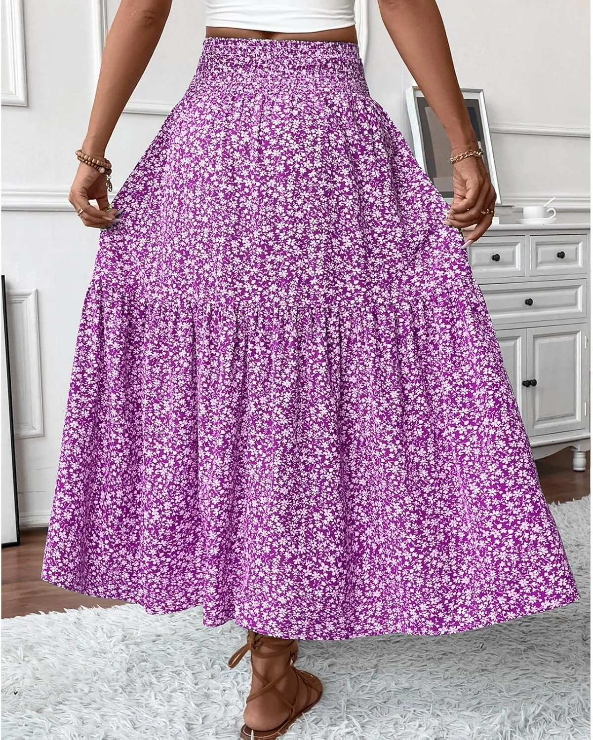 Blostirno Women's Floral Long Skirt Smocked Elastic High Waist Summer Boho Tiered Flowy Casual Maxi Skirts with Pockets