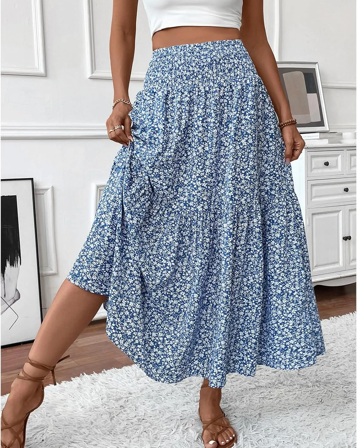 Blostirno Women's Floral Long Skirt Smocked Elastic High Waist Summer Boho Tiered Flowy Casual Maxi Skirts with Pockets