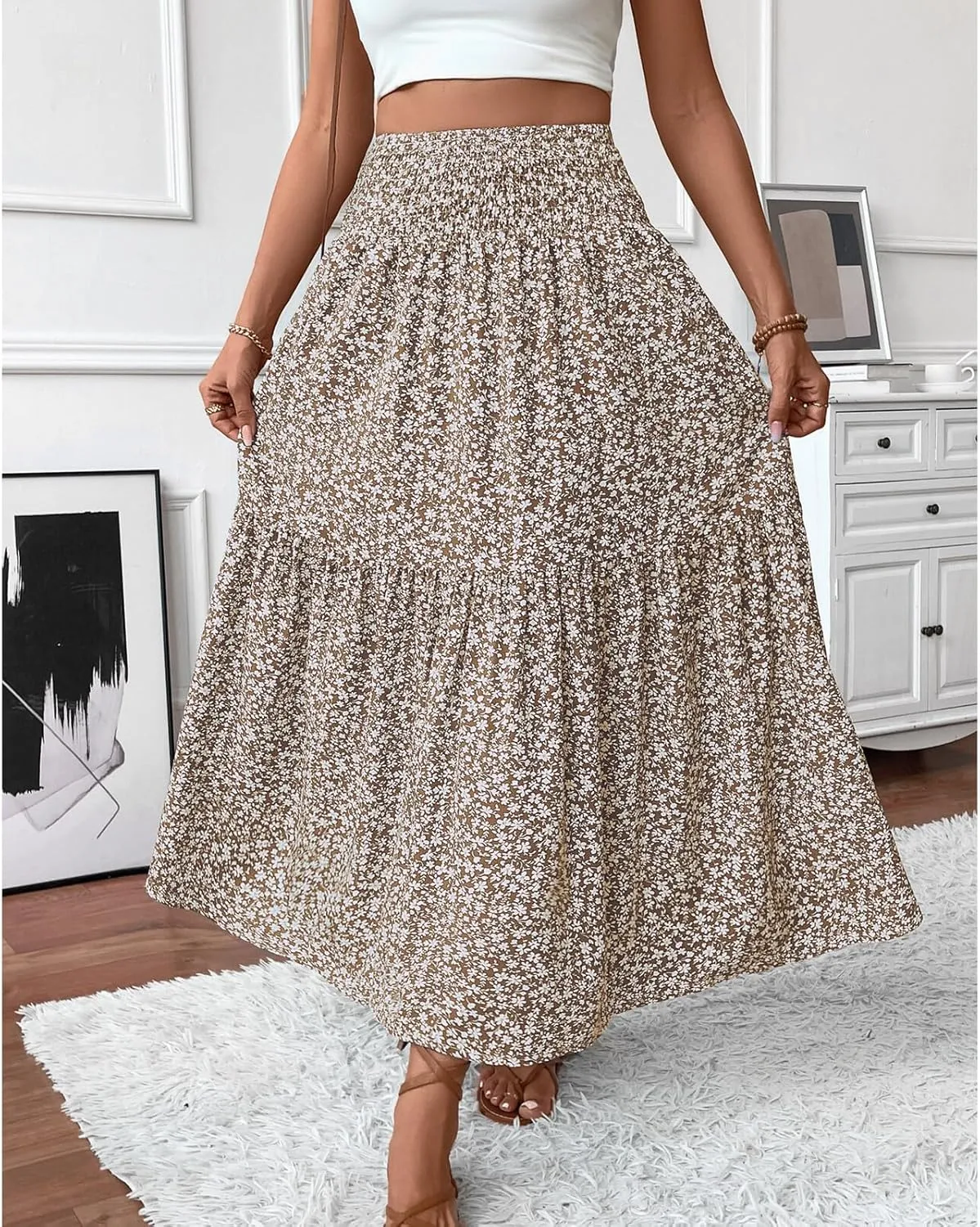 Blostirno Women's Floral Long Skirt Smocked Elastic High Waist Summer Boho Tiered Flowy Casual Maxi Skirts with Pockets