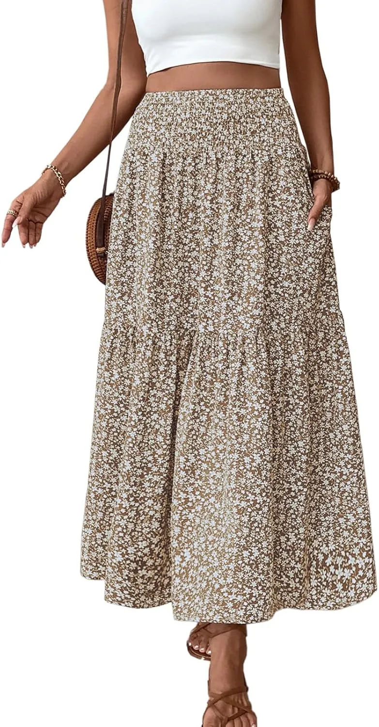Blostirno Women's Floral Long Skirt Smocked Elastic High Waist Summer Boho Tiered Flowy Casual Maxi Skirts with Pockets