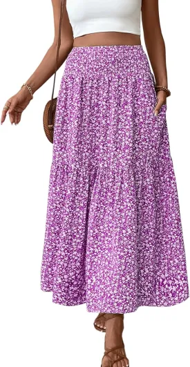 Blostirno Women's Floral Long Skirt Smocked Elastic High Waist Summer Boho Tiered Flowy Casual Maxi Skirts with Pockets