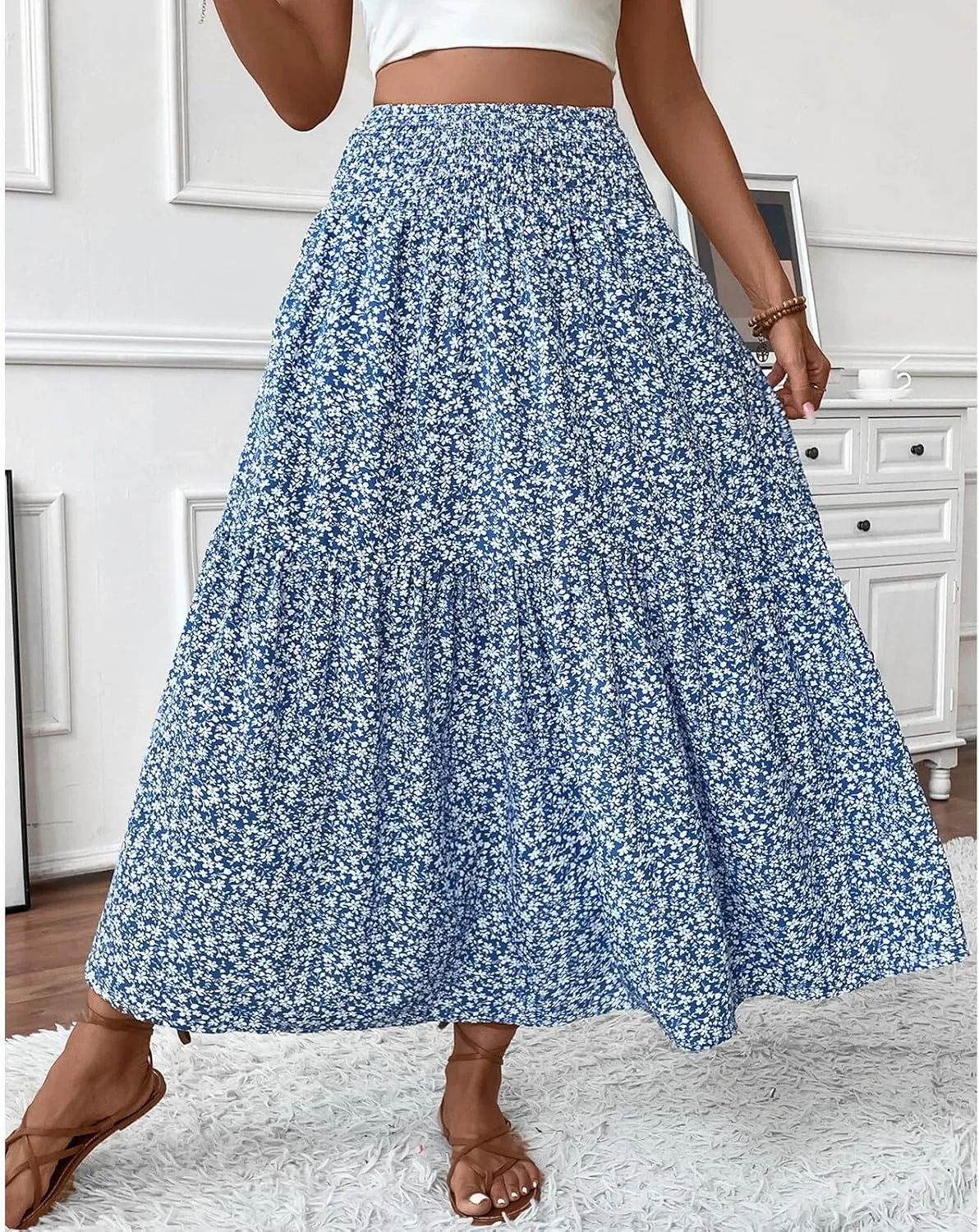 Blostirno Women's Floral Long Skirt Smocked Elastic High Waist Summer Boho Tiered Flowy Casual Maxi Skirts with Pockets