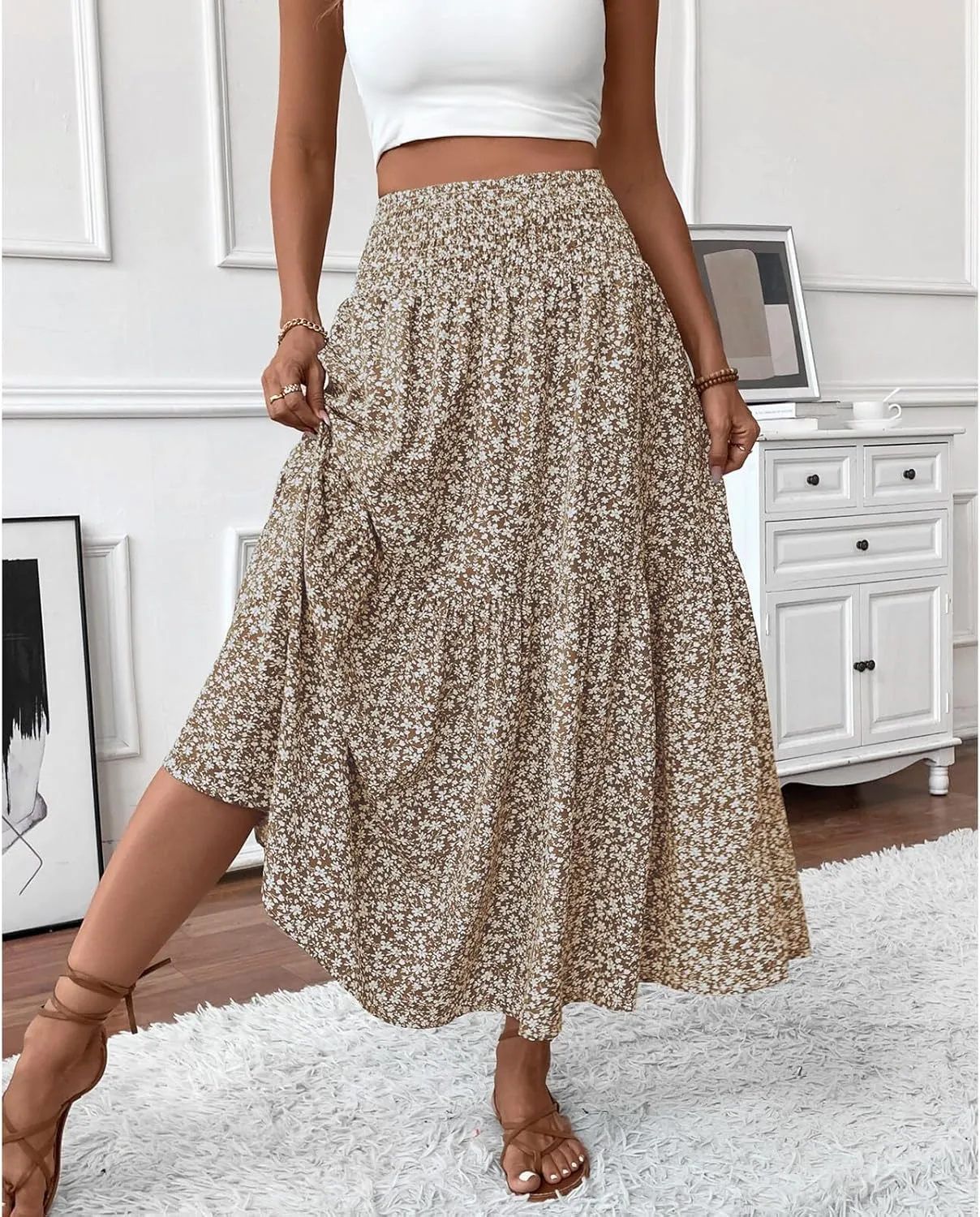Blostirno Women's Floral Long Skirt Smocked Elastic High Waist Summer Boho Tiered Flowy Casual Maxi Skirts with Pockets