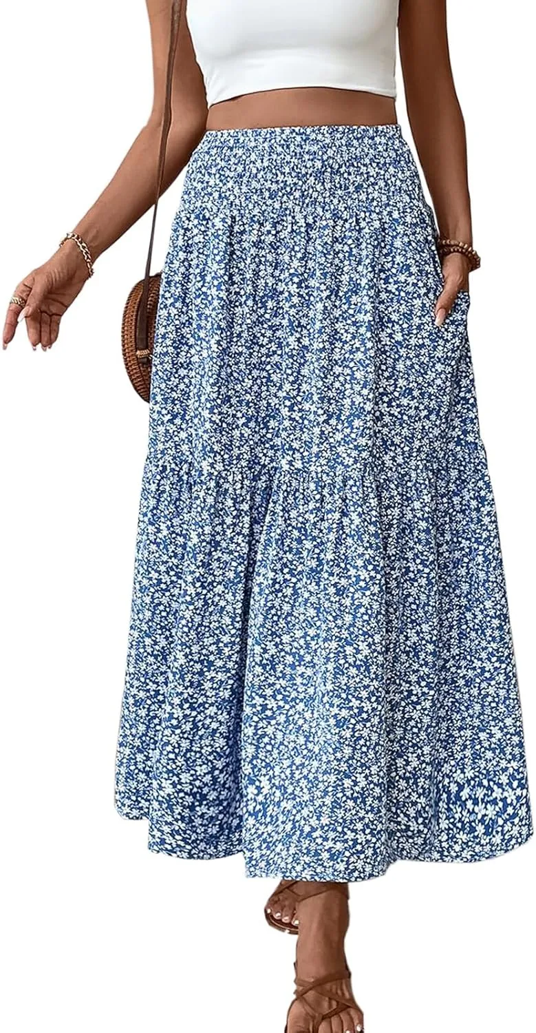 Blostirno Women's Floral Long Skirt Smocked Elastic High Waist Summer Boho Tiered Flowy Casual Maxi Skirts with Pockets