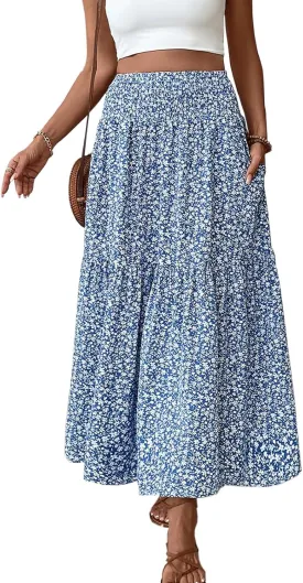 Blostirno Women's Floral Long Skirt Smocked Elastic High Waist Summer Boho Tiered Flowy Casual Maxi Skirts with Pockets